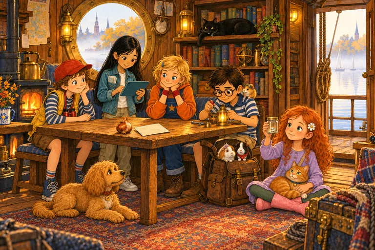 En la casa flotante: los niños examinan un bulbo de tulipán y un tarro con una gota brillante.