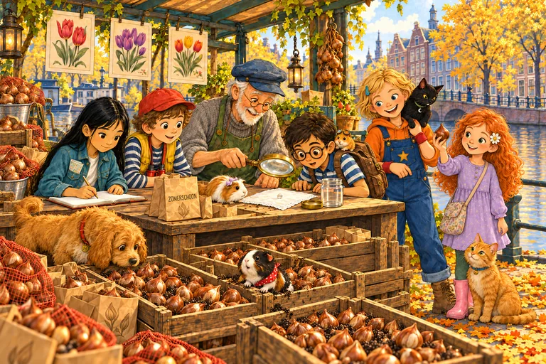 En un mercado de Ámsterdam en otoño, un vendedor mayor enseña a los niños sus bulbos de tulipán. Ben mira con una lupa.