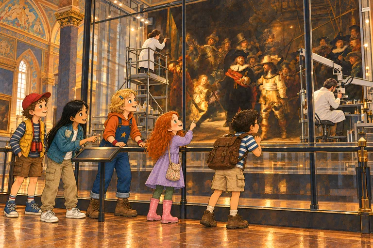 En el museo, los niños están ante un gran cuadro famoso protegido por un cristal.