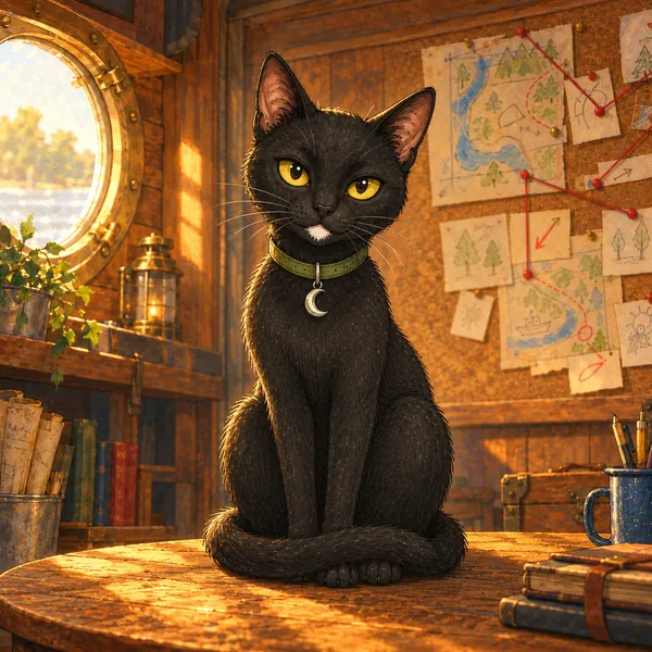 Alva, una gata negra de ojos amarillo dorado, pequeña mancha clara en la barbilla y collar verde con una media luna plateada, está sentada muy erguida en la mesa.