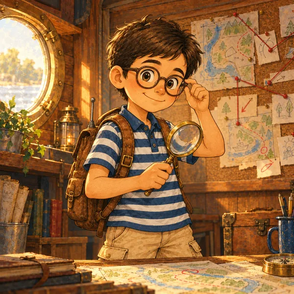 Ben, con gafas redondas, polo de rayas azules y blancas y mochila marrón, sostiene una lupa y se sube las gafas con la otra mano.