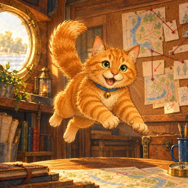 Charlie, una gata atigrada naranja de ojos verdes y collar azul con un cascabel dorado, salta alegremente por la imagen.