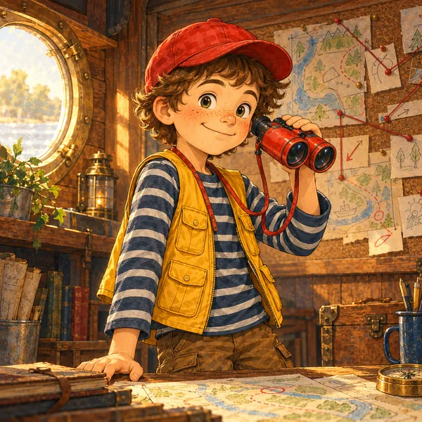 Finn, con gorra roja, chaleco amarillo y camiseta de rayas azules y blancas, sostiene sus prismáticos rojos. Detrás está el tablón de la base.