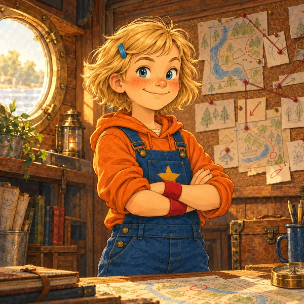 Greta sonríe con los brazos cruzados. Tiene el pelo rubio corto y lleva una pinza azul, sudadera naranja con capucha, peto azul con una estrella dorada y una muñequera roja.