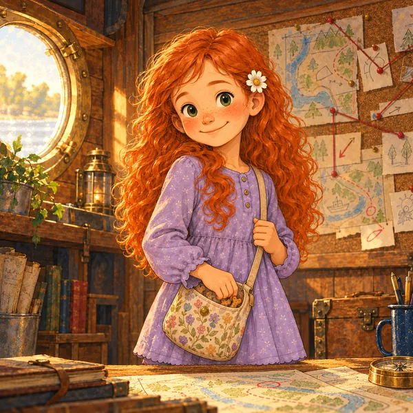 Lia, con largos rizos cobrizos, una flor blanca en el pelo y vestido violeta, mete la mano en su bolso de flores.