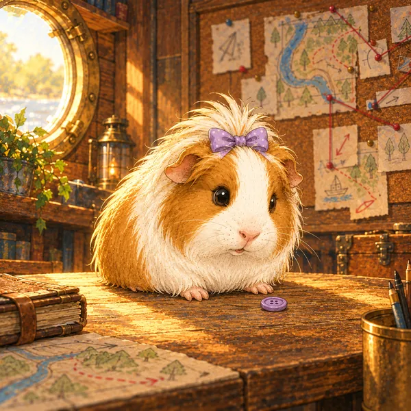 Lulu, una cobaya de pelo largo blanco y caramelo con un lazo violeta, está sentada en la mesa de los mapas junto a un botón violeta.