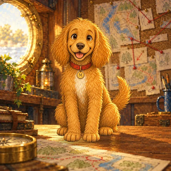Maili está sentado contento en la base. Es un perro de pelo rizado castaño dorado, mancha clara en el pecho y largas orejas caídas. Lleva un collar rojo con una placa redonda dorada con una M.