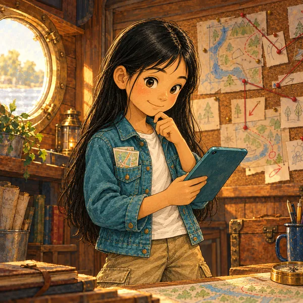 Mia, con el pelo negro largo y suelto, chaqueta vaquera azul petróleo, camiseta blanca y pantalones cargo beige, toca pensativa su tableta. Del bolsillo del pecho asoma un plano doblado.