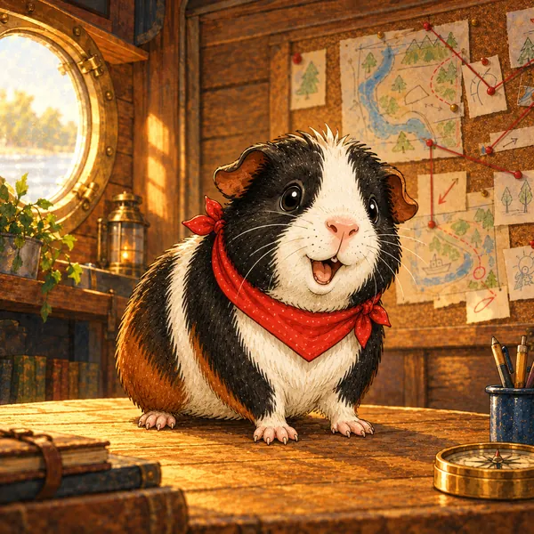 Rocky, una cobaya negra, blanca y marrón con una franja blanca en la frente y un pañuelo rojo, sonríe con picardía.
