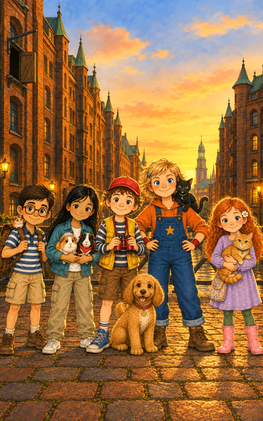 Portada del libro 1: los cinco niños con sus seis animales sobre los adoquines, entre los almacenes de ladrillo de la Speicherstadt, al atardecer. Maili está sentado delante.