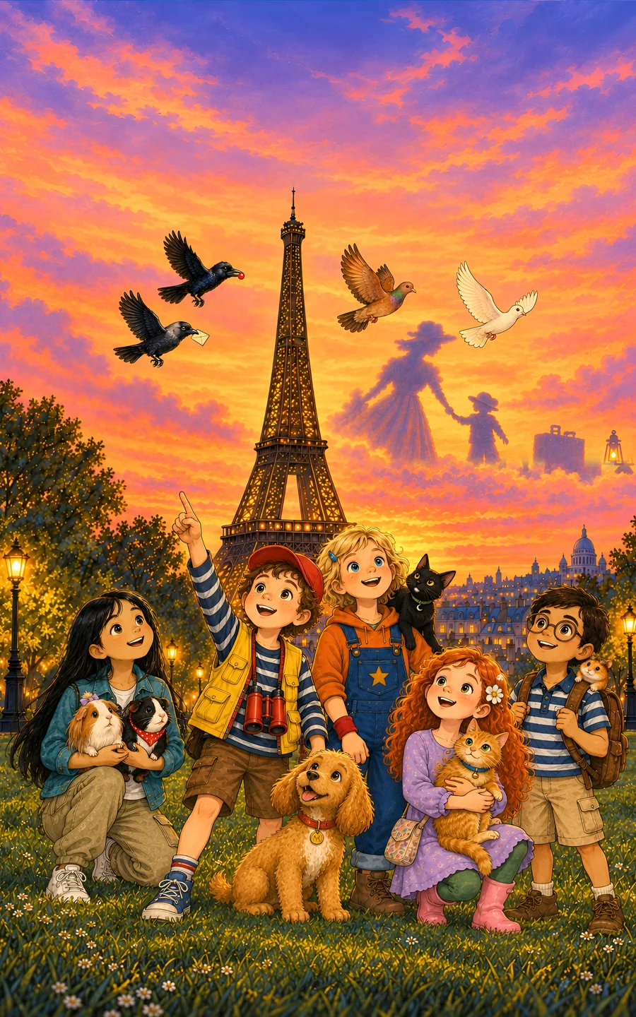 Portada del libro 2: los cinco niños con sus seis animales en una pradera frente a la Torre Eiffel al atardecer. En el cielo hay cuatro aves y figuras de sombras entre las nubes.