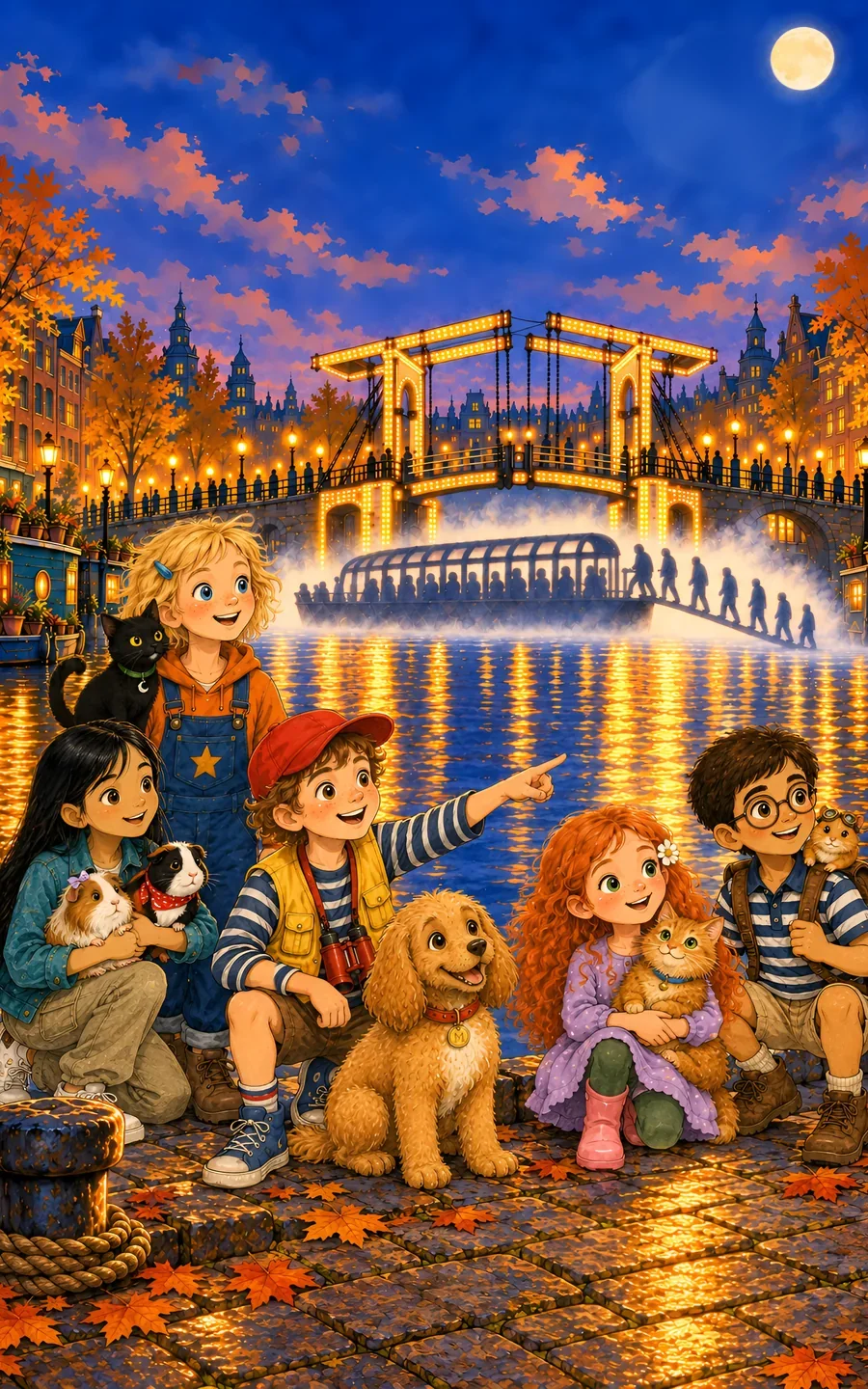 Portada del libro 3: los cinco niños con sus seis animales junto a un canal de Ámsterdam de noche. Detrás hay un puente levadizo iluminado y un barco entre la niebla del agua.
