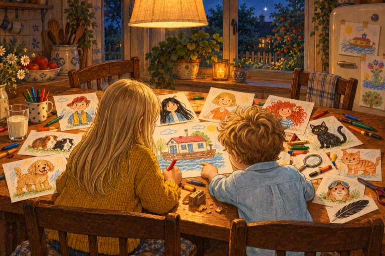 Dos niños, vistos de espaldas, dibujan por la noche en la mesa de la cocina. A su alrededor hay dibujos a lápiz de los detectives, sus animales y la casa flotante.