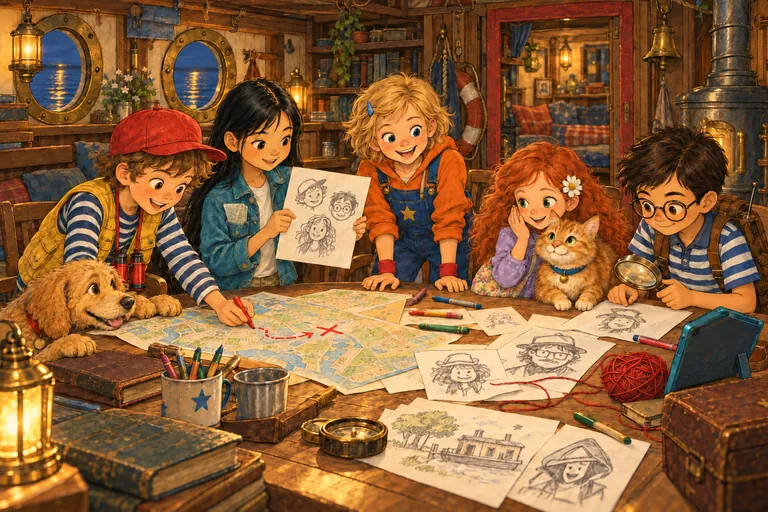 Los cinco niños se sientan alrededor de una mesa llena de mapas y dibujos para inventar un caso juntos. Maili apoya la cabeza en la mesa y Charlie está junto a Lia.