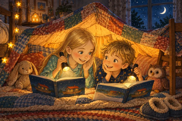 Dos hermanos leen de noche con linternas en una cabaña hecha con mantas, cada uno con su propio libro de la misma colección.