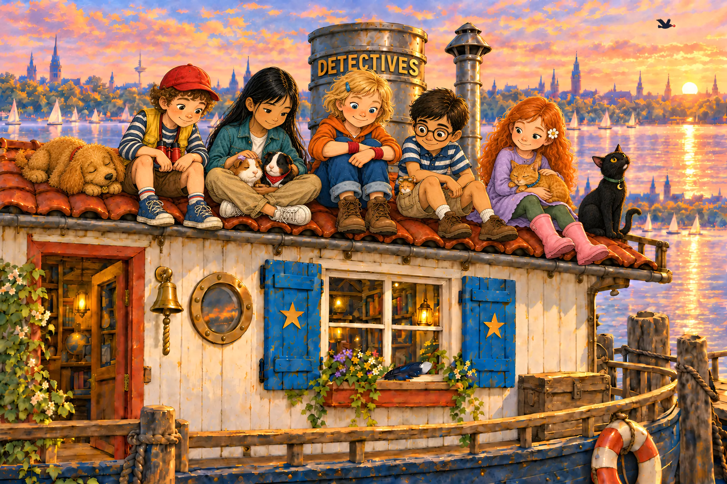 Atardecer en el Außenalster: Finn, Mia, Greta, Ben y Lia están sentados juntos en el tejado de tejas rojas de su casa flotante, con revestimiento de madera blanca y contraventanas azules. Maili duerme en el tejado, Mia sostiene a Lulu y Rocky, Hamsti-Hams está junto a Ben, Lia sostiene a Charlie y Alva está a su lado. En la ancha chimenea se lee DETECTIVES en letras doradas; detrás hay veleros y torres de la ciudad.