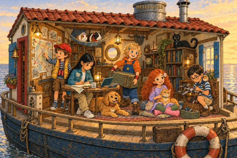 Interior de la casa flotante, con tejado de tejas rojas, paredes de madera blanca, contraventanas azules y casco azul. En la ancha chimenea se lee DETECTIVES en letras doradas. Dentro, Finn señala el tablón, Mia planea en la mesa, Greta lleva una caja, Lia tiene a Charlie en brazos y Ben trabaja en un dron. Maili está en la alfombra, Lulu y Rocky se balancean en la hamaca, Alva está en la estantería y Hamsti-Hams en el hombro de Ben.