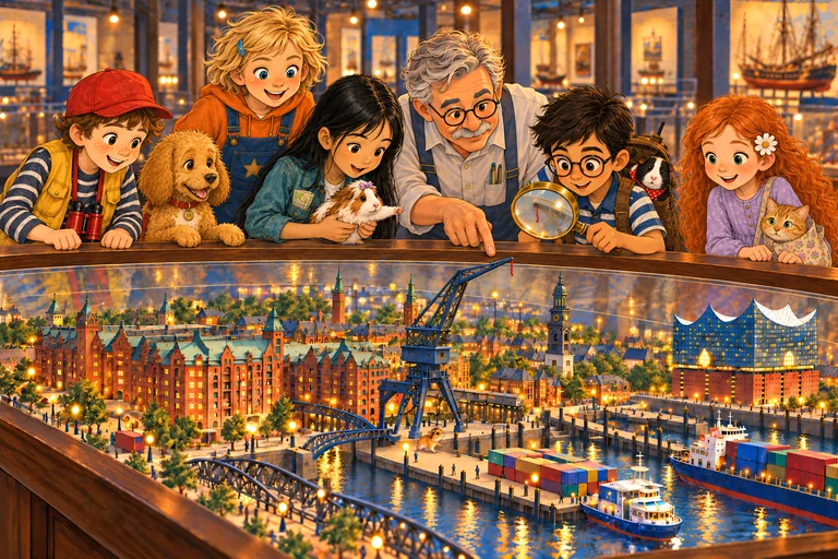 En Miniatur Wunderland, el señor Krause enseña a los niños la maqueta de Hamburgo. Ben sostiene una lupa.
