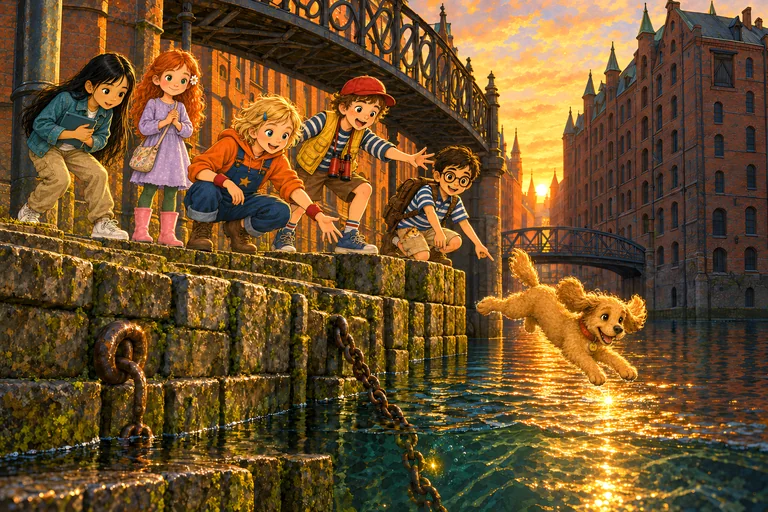 Atardecer en la Speicherstadt: Maili salta al Fleet mientras los niños miran desde el muelle.