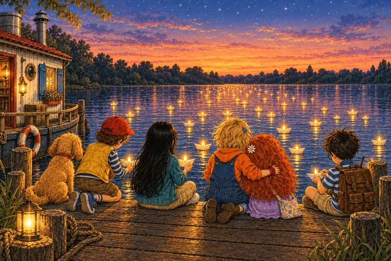 Por la noche, los cinco detectives están sentados en el muelle con Maili y dejan flotar pequeños barcos de papel con luces en el Alster.