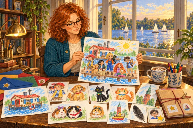 Ilustración: Lina Storm, la narradora ficticia de la colección, tiene rizos cobrizos y gafas redondas. En su escritorio sonríe y muestra un dibujo infantil de los cinco detectives con sus animales frente a la casa flotante. Sobre la mesa hay dibujos del perro, las gatas, las cobayas, el hámster, el Michel y una pluma negra, además de cartas, un carné de detective hecho a mano y un expediente. Fuera brilla el Alster.