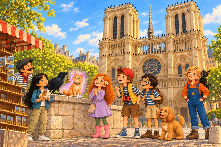 Frente a Notre-Dame: Charlie ha saltado entre destellos violetas a un muro bajo justo al lado de Lia. Cerca hay una corneja.