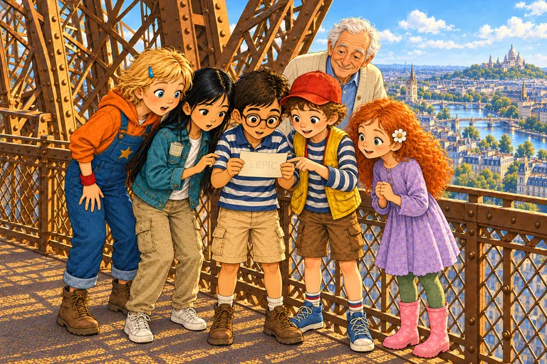 En la Torre Eiffel, los cinco niños observan un papel con agujeros diminutos. Detrás hay un señor mayor y vistas de París.