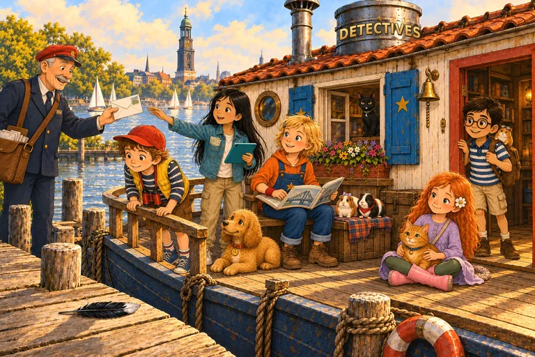 El cartero lleva una carta de París a la casa flotante. Mia la recoge mientras los demás niños y los animales están en cubierta.